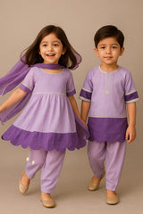Purple Lace Work Kurti With Dhoti & Dupatta