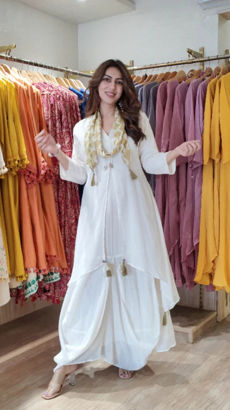 White Drape Dress With Printed Scarf - By Reet Lifestyle