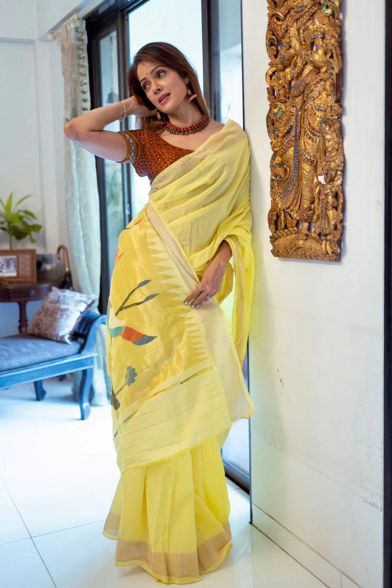 Pure Cotton Handloom Paithani Saree Lemon Yellow Designer Edition