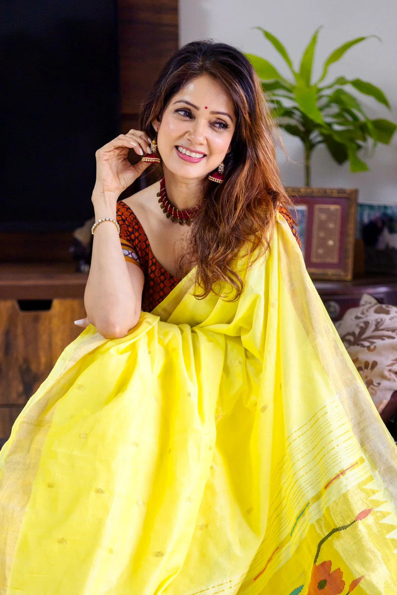 Pure Cotton Handloom Paithani Saree Lemon Yellow Designer Edition