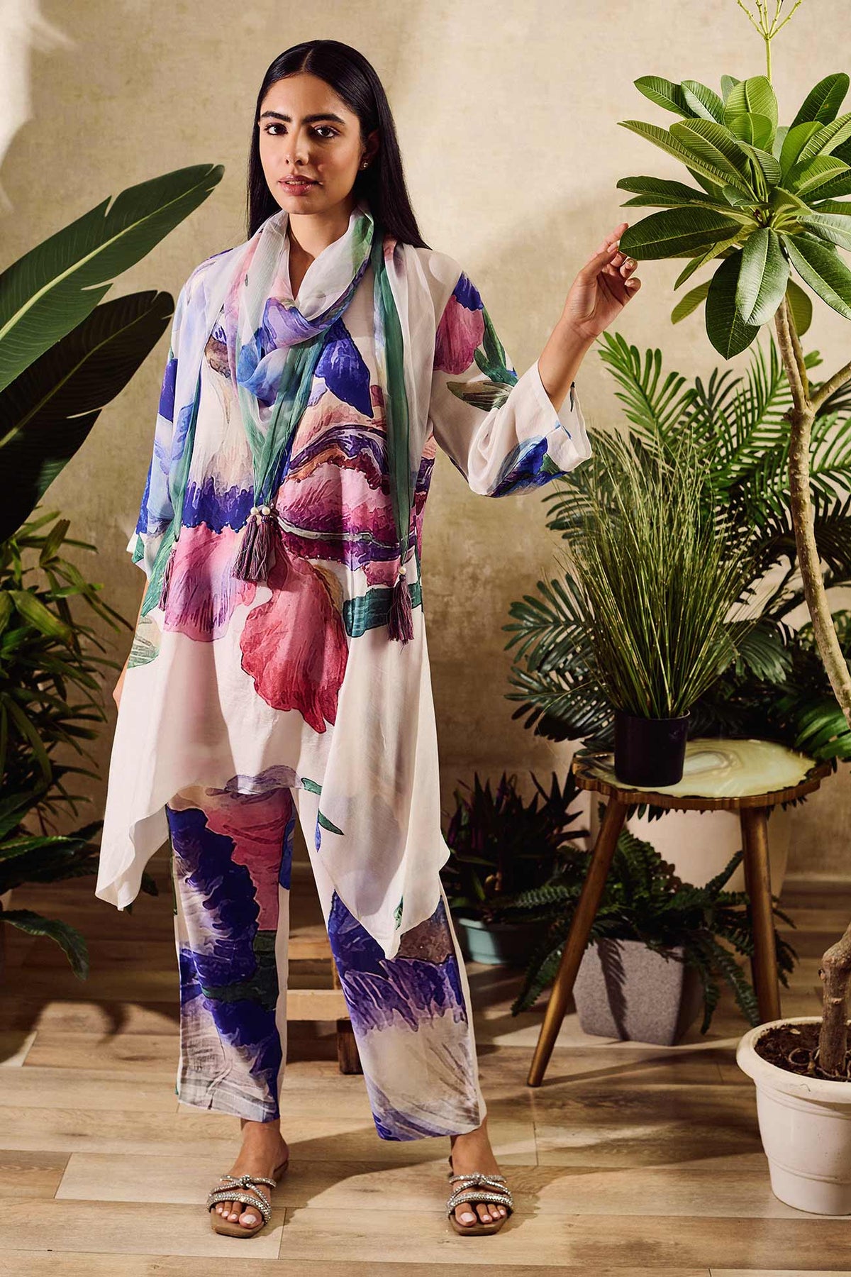 White Floral Viscose Crepe 3-Piece Set