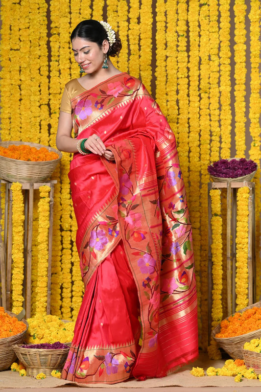 Tomato Red Paithani Saree With Handcrafted Peacock Pallu