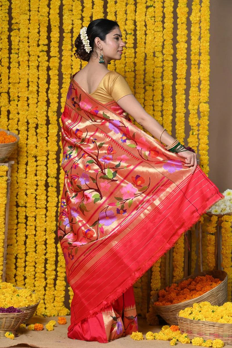Tomato Red Paithani Saree With Handcrafted Peacock Pallu