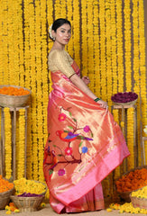 Yellow Handloom Pure Silk Muniya Border Saree