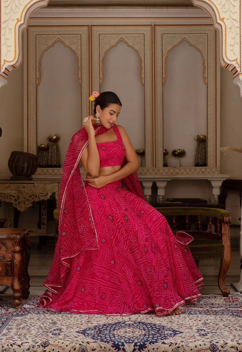 Women's Rani Pink Bandhej Georgette Lehenga Set