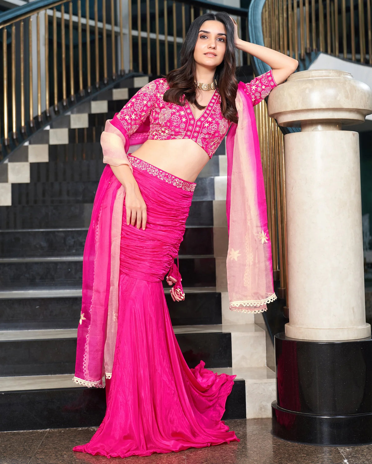 Razzle Pink Embroidered Silk Lehenga Set