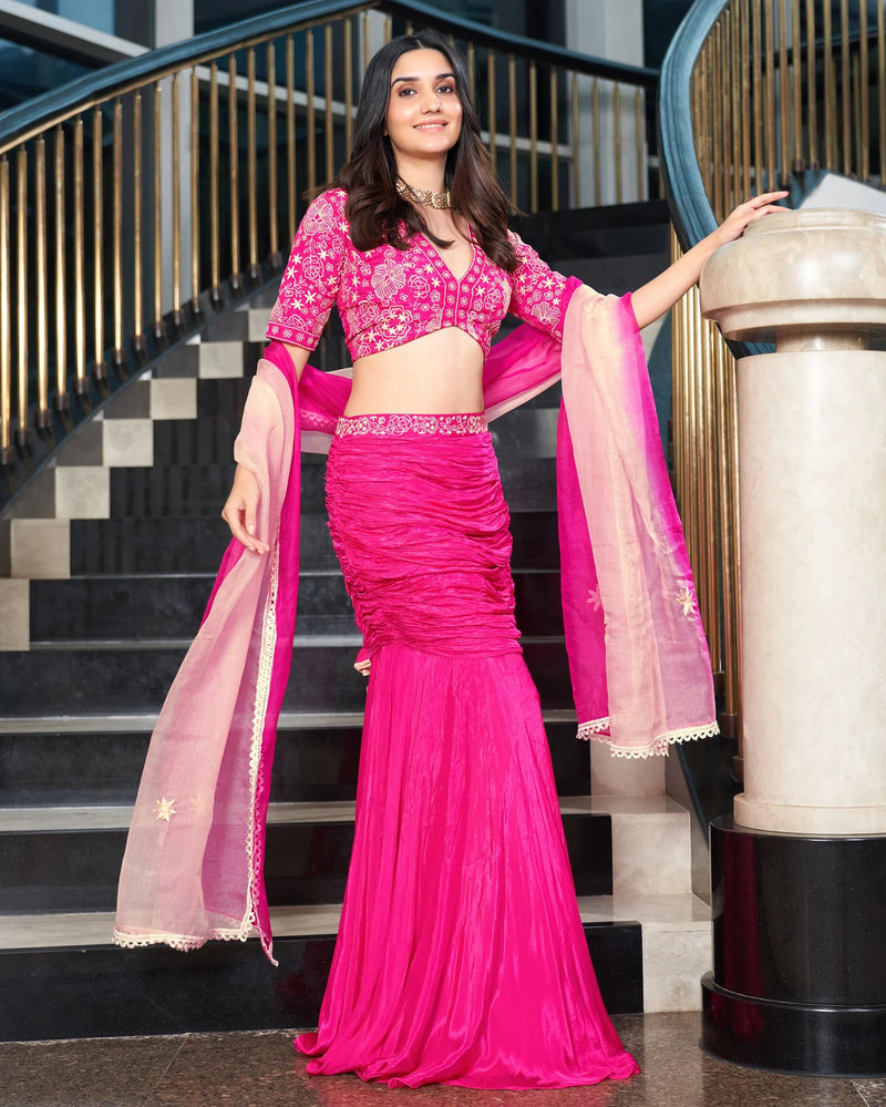 Razzle Pink Embroidered Silk Lehenga Set