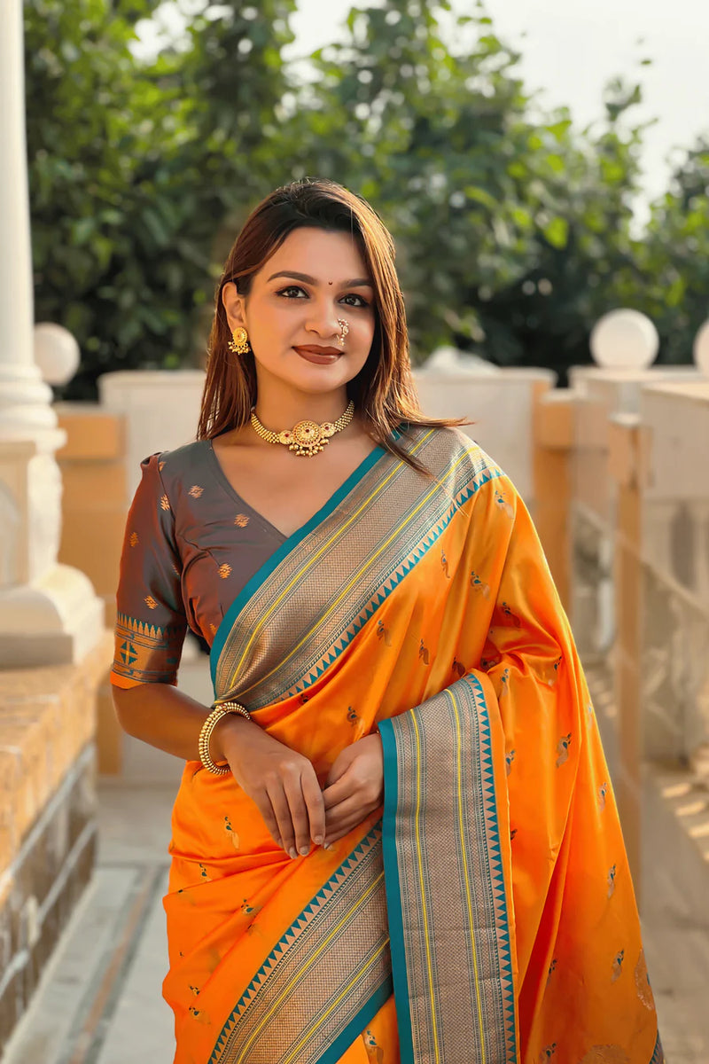 peacock saffron paithani saree