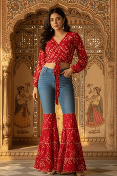 Bandhani Print Co-Ord Set with Flared Denim Pants