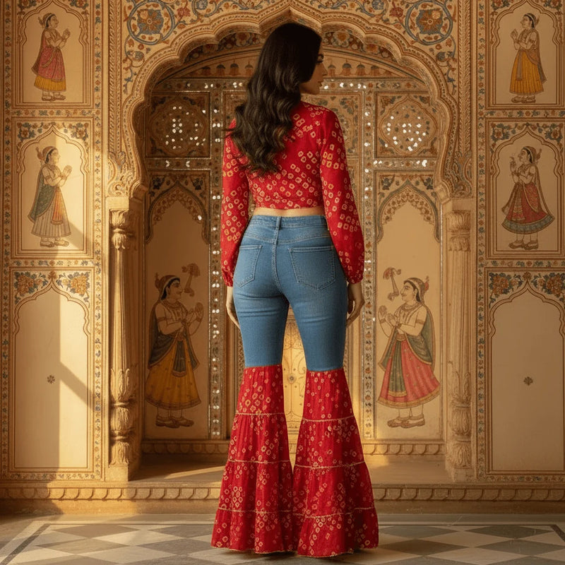 Bandhani Print Co-Ord Set with Flared Denim Pants