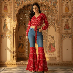 Bandhani Print Co-Ord Set with Flared Denim Pants