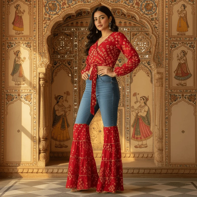 Bandhani Print Co-Ord Set with Flared Denim Pants