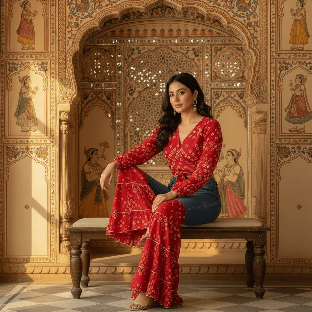 Bandhani Print Co-Ord Set with Flared Denim Pants