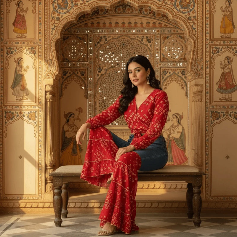 Bandhani Print Co-Ord Set with Flared Denim Pants