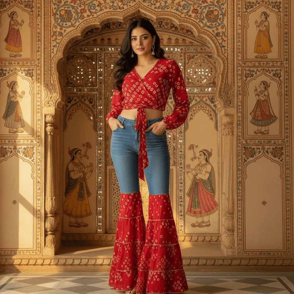 Bandhani Print Co-Ord Set with Flared Denim Pants
