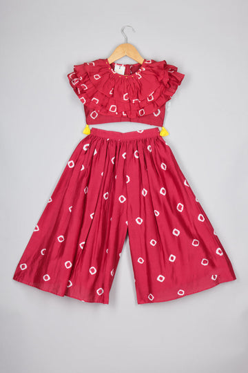 Red Bandhej Girls Ruffle Top and Pant Set