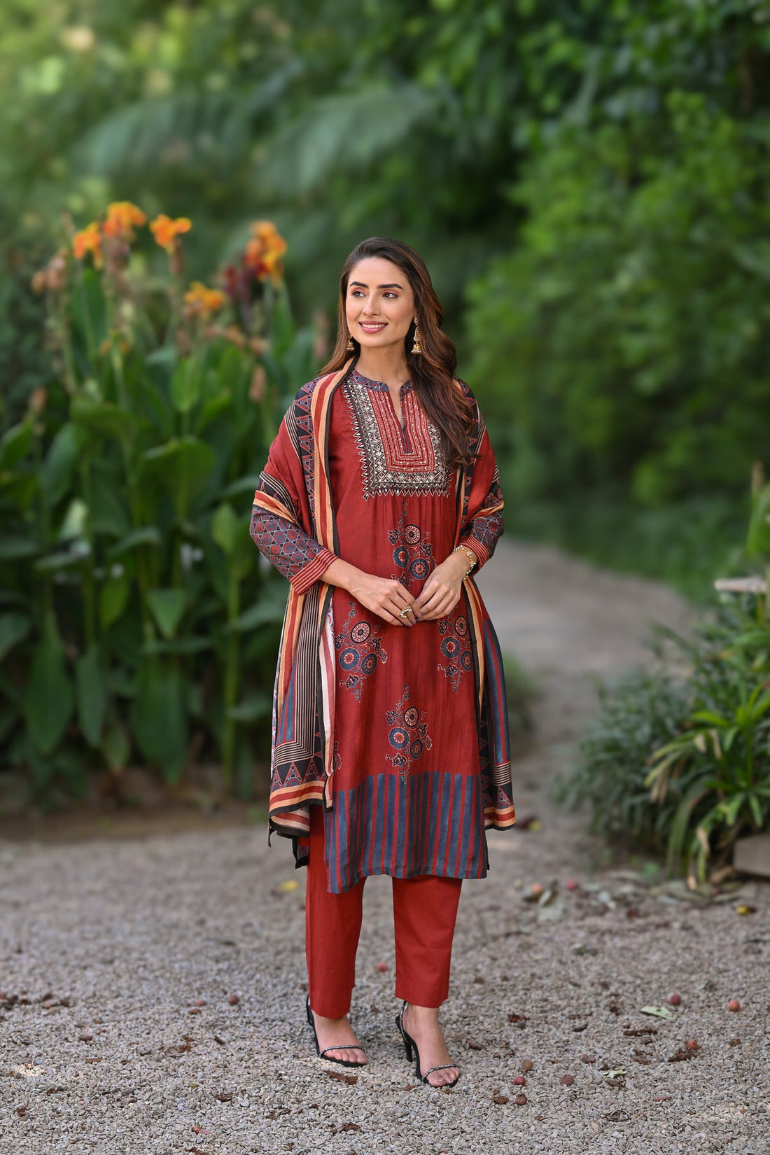 Red muslin block print suit set