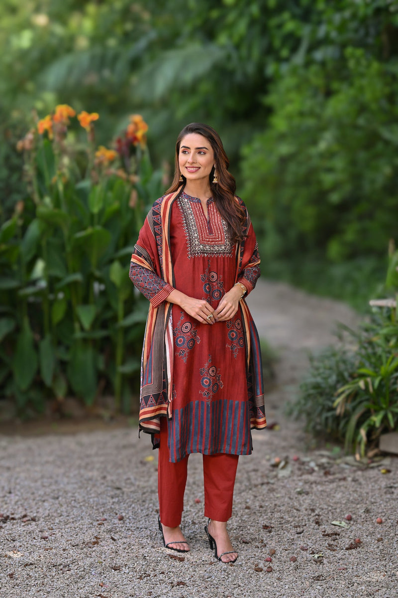 Red muslin block print suit set