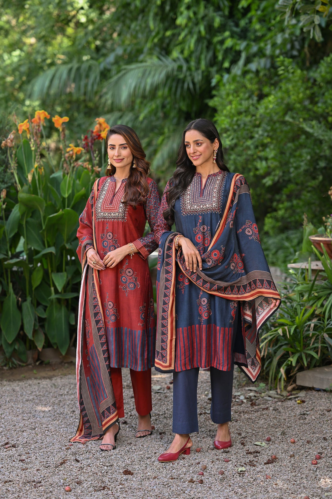 Red block print kurta set for women