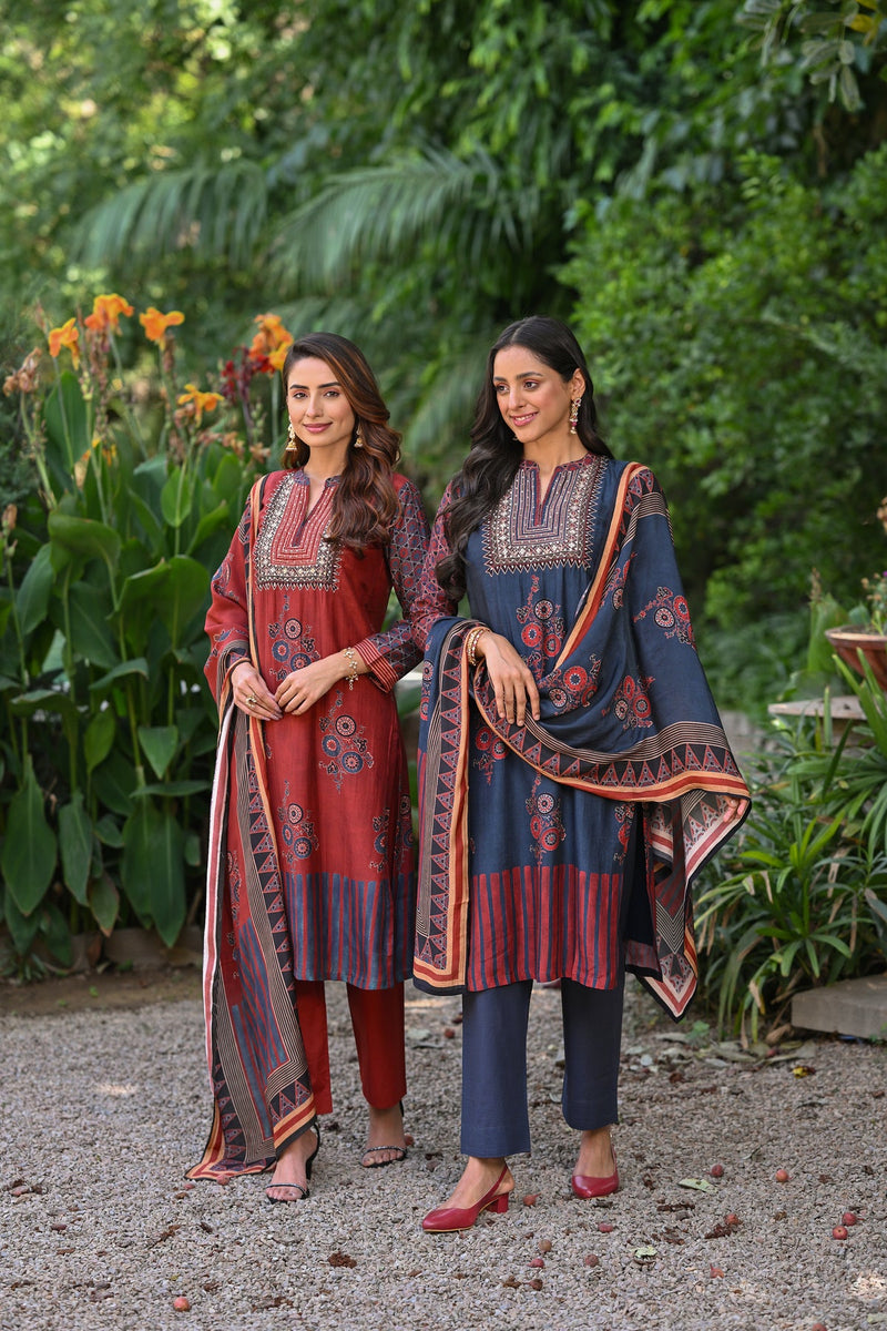 Red block print kurta set for women
