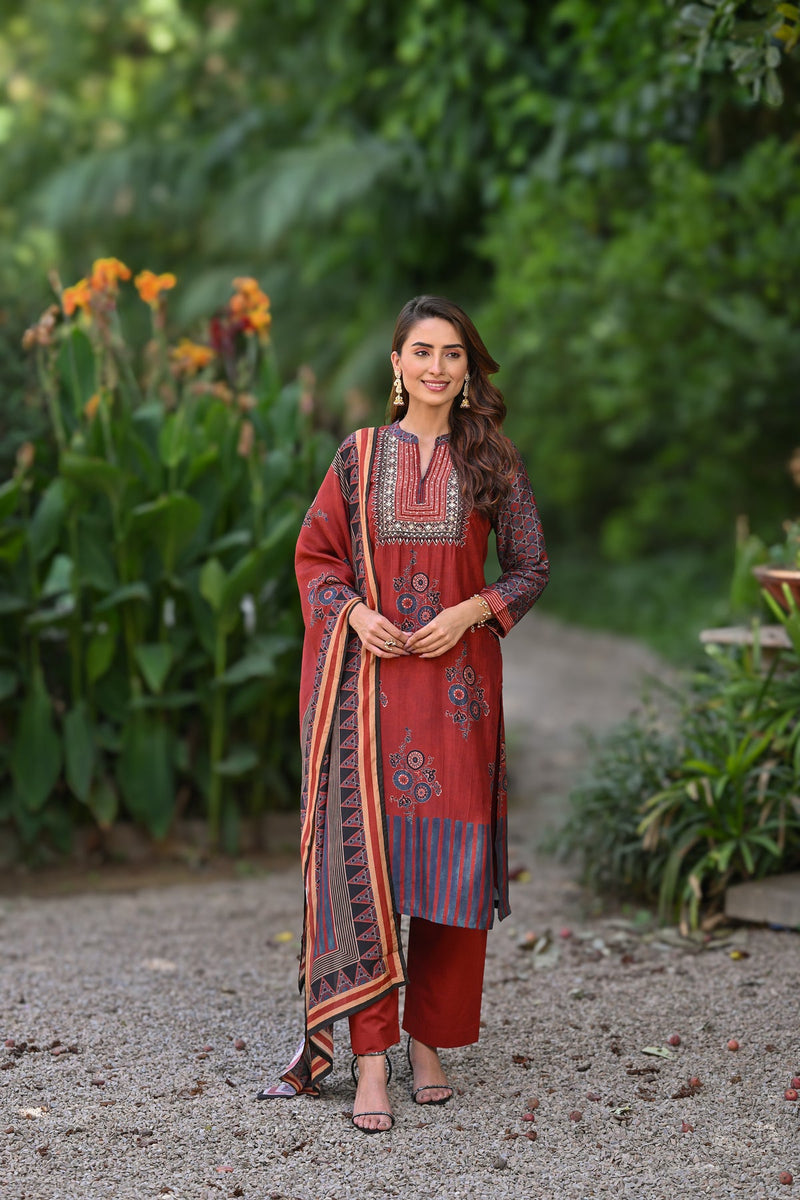 Red Block Print Muslin Suit Set with Gota, and Tari Work
