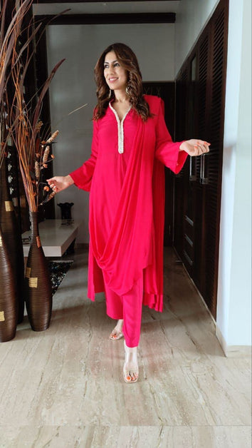 Red Drape Sari Kurta with Pant