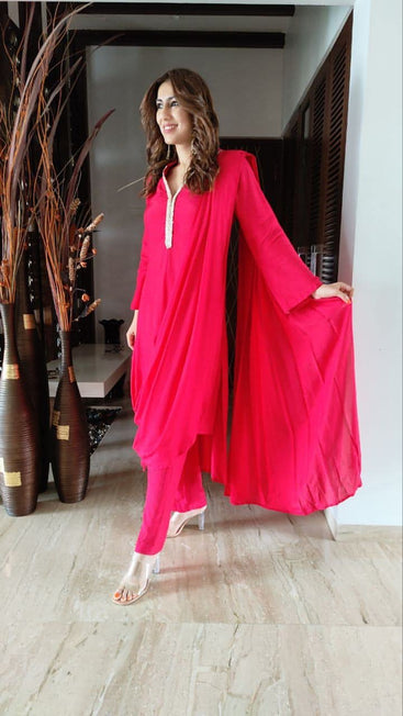 Red muslin silk drape kurta set