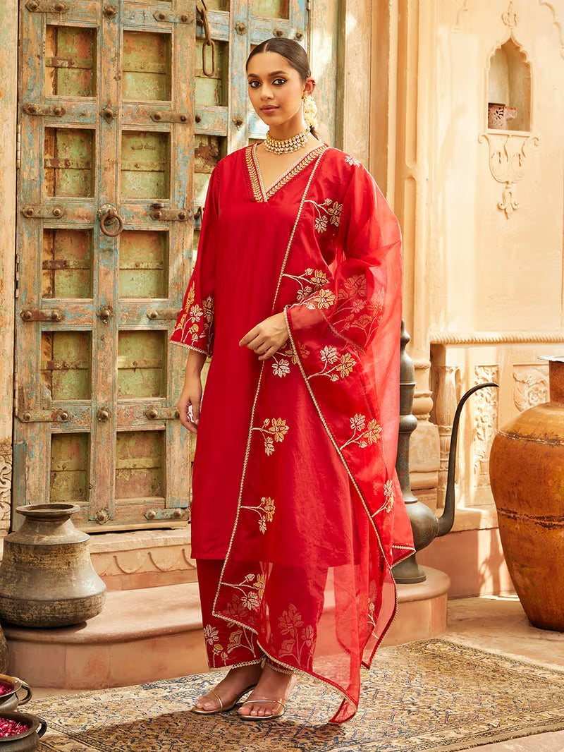 Red Embroidered Organza Dupatta