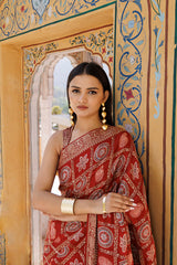 Red Gharchola Ajrakh Handblock Print Zari Silk Saree