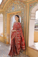 Red Gharchola Ajrakh Handblock Print Zari Silk Saree