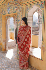 Red Gharchola Ajrakh Handblock Print Zari Silk Saree