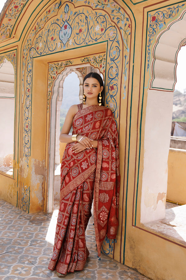 Red Gharchola Ajrakh Handblock Print Zari Silk Saree