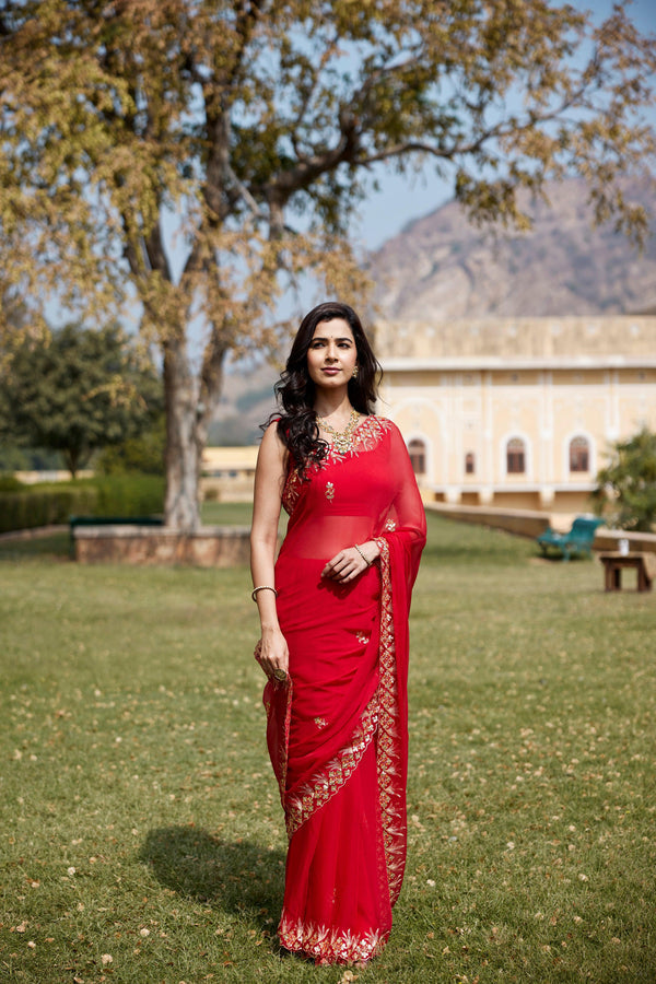 Red Hand Embroidered Gota Patti Chiffon Saree