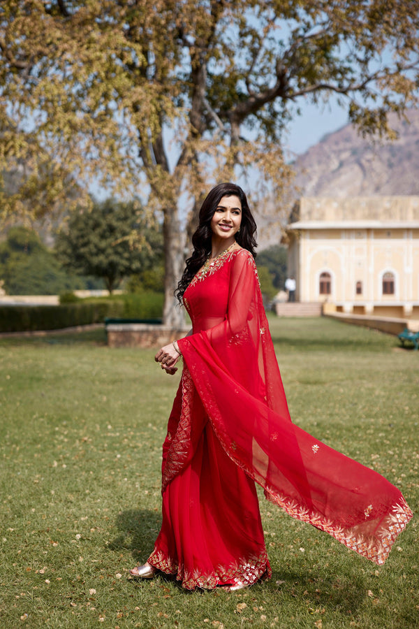 Red Hand Embroidered Gota Patti Chiffon Saree