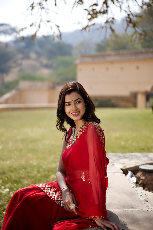 Red Hand Embroidered Gota Patti Chiffon Saree