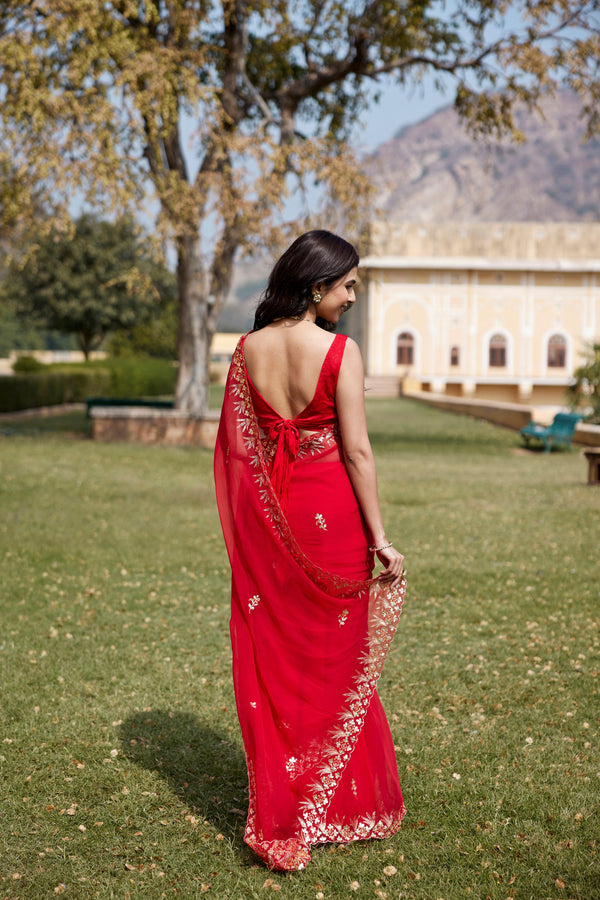Red Hand Embroidered Gota Patti Chiffon Saree