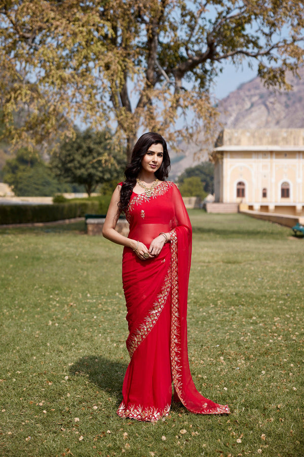 Red Hand Embroidered Gota Patti Chiffon Saree