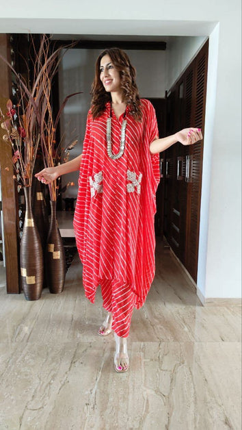 red leheriya kaftan with pants
