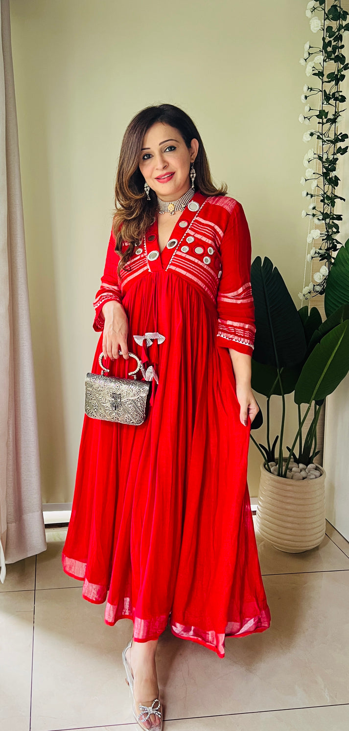 Red linen midi dress