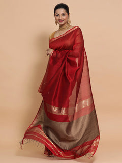 Red Maheshwari Silk Cotton Saree with Kosa