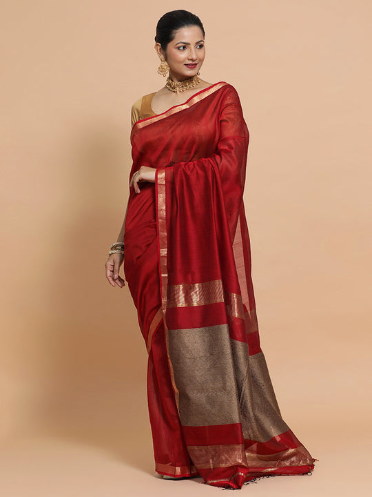 Red Maheshwari Silk Cotton Saree with Kosa