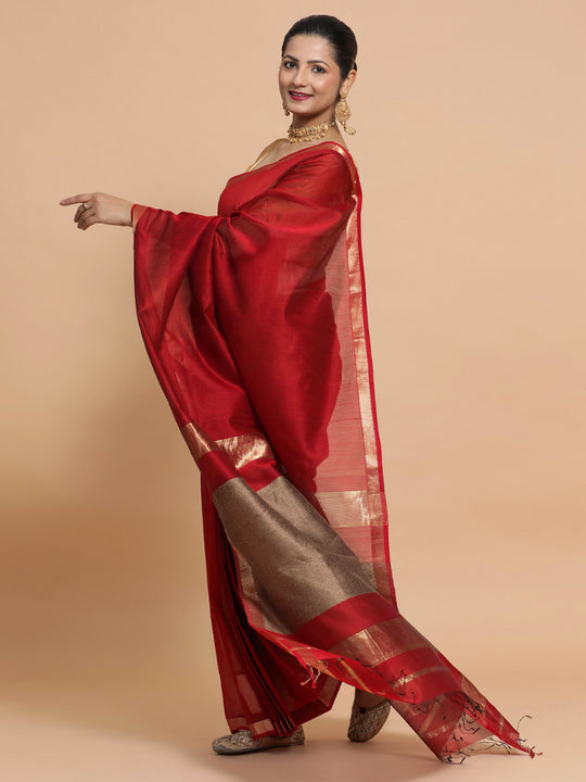 Red Maheshwari Silk Cotton Saree with Kosa