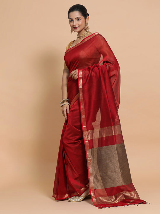 Red Maheshwari Silk Cotton Saree with Kosa