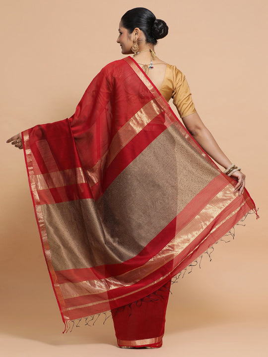 Red Maheshwari Silk Cotton Saree with Kosa