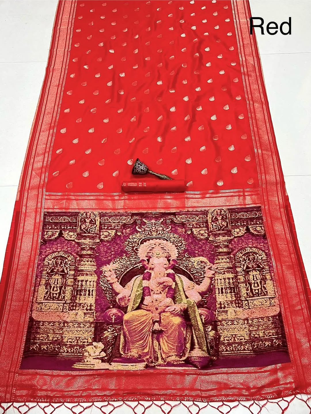 Red paithani silk ganpati design saree