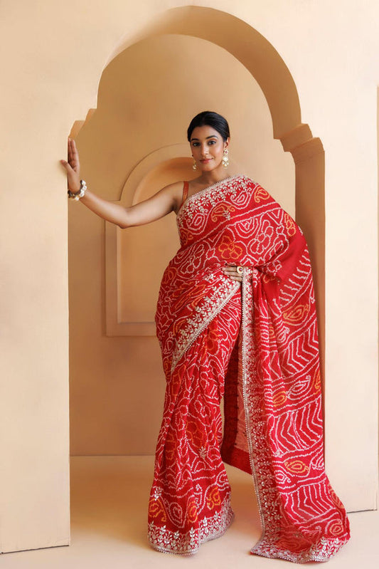 Red Hand Embroidered Gota Patti Bandhani Saree 600