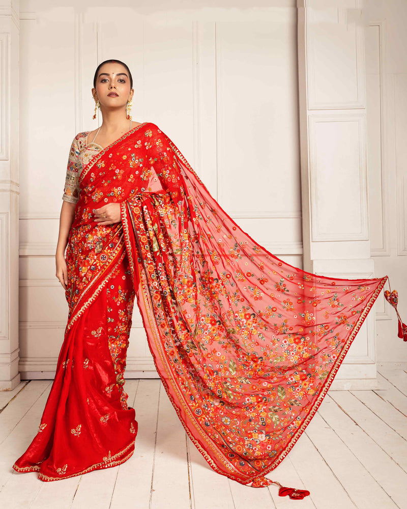 Red Wedding Saree with Gul Kaari Blouse