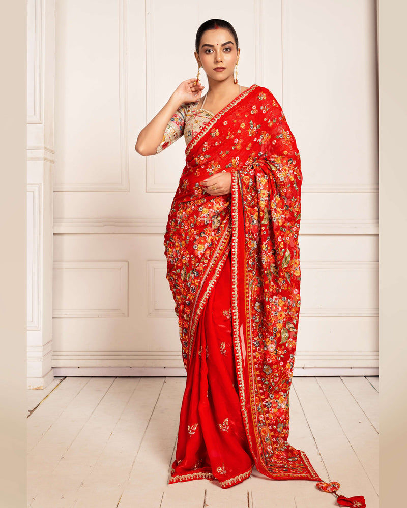 red wedding saree
