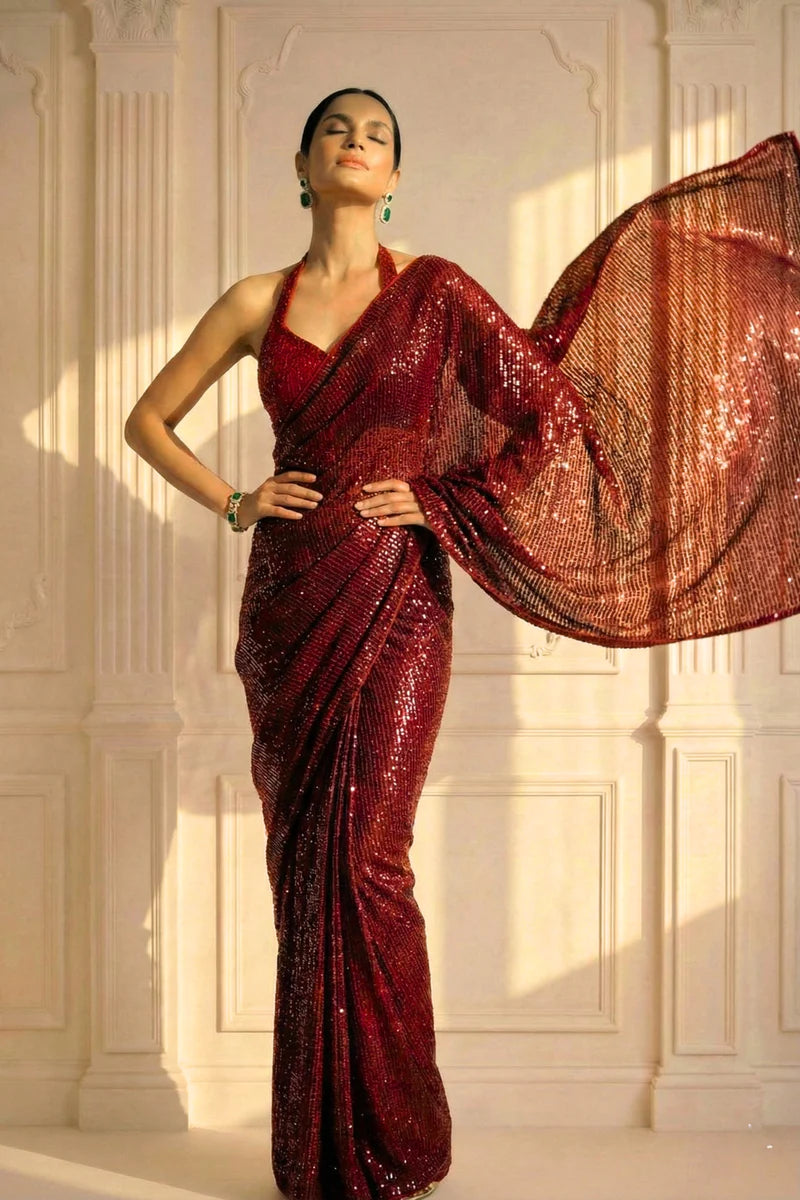 Crimson Red Sequin Saree with Halter Neck Stitched Blouse