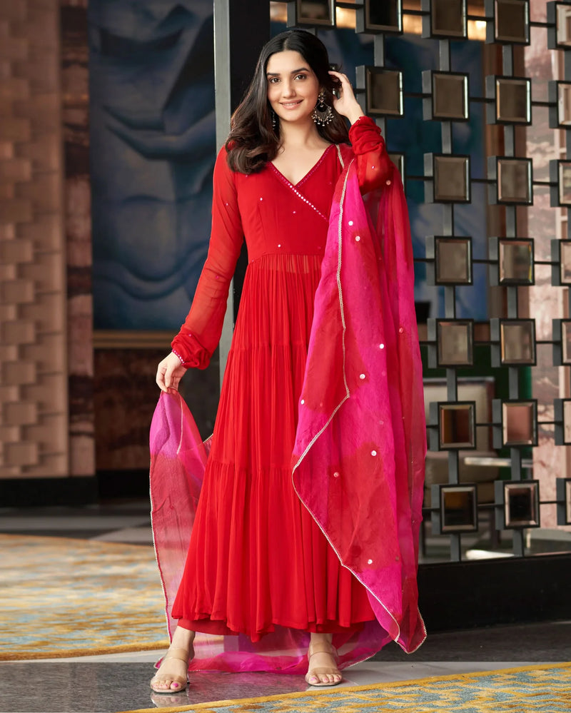 Mirror Work Embroidered Georgette Anarkali Suit Set
